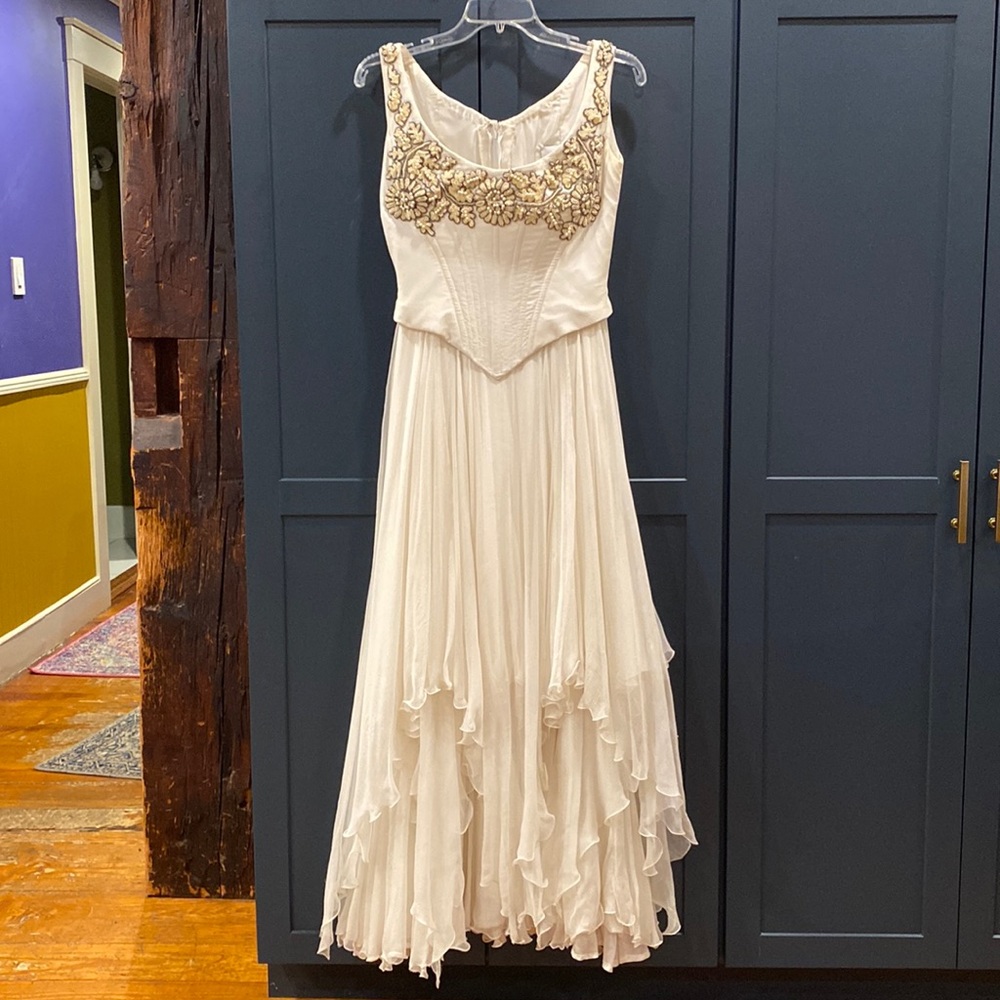 Vintage off-white pure silk dress with beading, size small 2ish